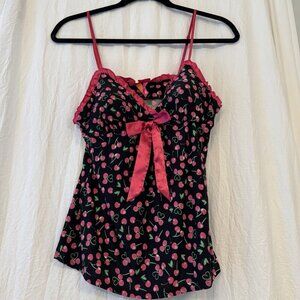 Jenni by Jennifer Moore Vintage Y2K Cherries Ruffles Pink Black Cami Top Medium